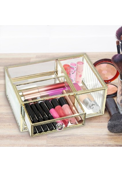 3 Çekmece Cam Organizatör - Altın Dokunuşlu Zarif Makyaj Depolama Rujlar ve Fırçalar Için Harika Net Görünürlük (Yurt Dışından) indirimleri