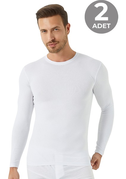 Erkek Beyaz Bisiklet Yaka Uzun Kollu Fanila Tişört 2'li Paket %100 Pamuk Penye fırsatları