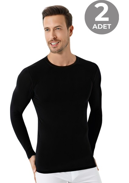 Erkek Siyah Bisiklet Yaka Uzun Kollu Fanila Tişört 2'li Paket %100 Pamuk Penye fırsatları