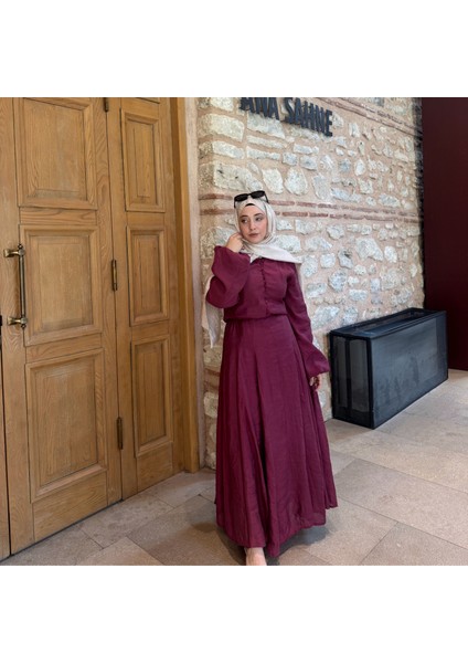 Düğmeli Bordo Elbise