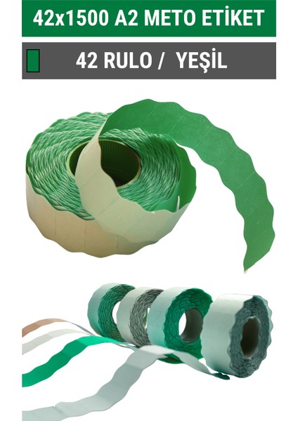 | Meto Etiket | Yeşil | 42 Rulo | 42X1500 | A2 | Ürün Etiketi | Tabanca Etiketi