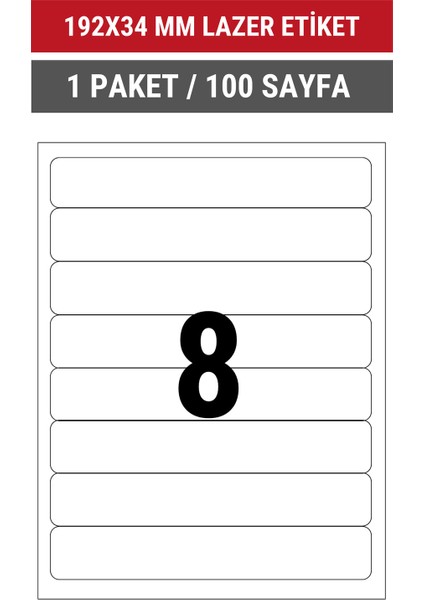 192x34mm Lazer Etiket | 1 Paket | 100 Sayfa | No: 8 | Ofis, Ambalaj | Yuvarlak | Yapışkanlı indirimleri