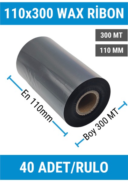 110x300mm Wax Ribon | 40 Rulo | 300 Mt | Dayanıklı | Tekstil, Yıkama, Etiketleme | Termal Transfer