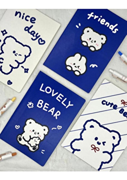 Kawaii Ayıcık Mavi ve Beyaz 4'lü Çizgili Defter Seti 20.5x14 cm