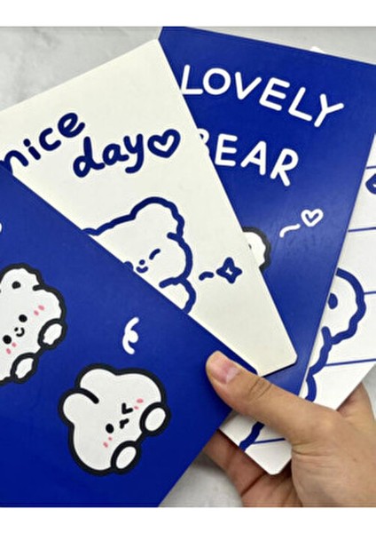 Kawaii Ayıcık Mavi ve Beyaz 4'lü Çizgili Defter Seti 20.5x14 cm