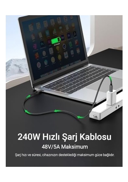 240W, 20 Gbps, 4K 60Hz, USB C'den USB C'ye, Örgülü Hızlı Şarj, Görüntü ve Veri Aktarım Kablosu Pd 3.2, 5A, 15, 16, 17, M2 MacBook Pro, Air, iPad Pro ve Galaxy S25, S24, S23 ile Uyumlu fiyatları