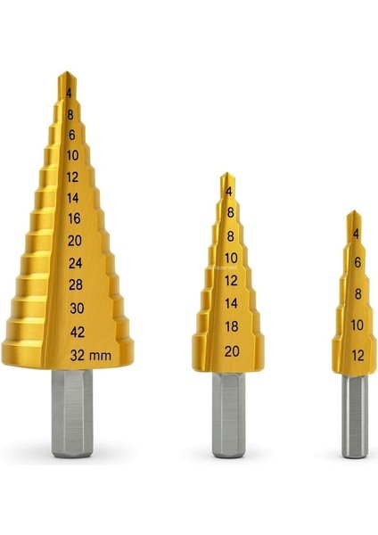 Kademeli Matkap Ucu Seti, 3'lü, Hss, Titanyum Nitrür Kaplamalı, 4-32 Mm, Metal, Sac,, Plastik Için, Uzun Ömürlü, Pürüzsüz, Delik Açma, Yüksek, Tüm Matkaplara Uyumlu