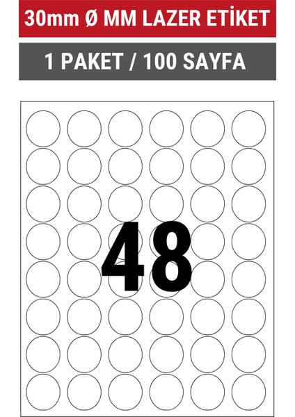 30mm Ø Lazer Etiket | 1 Paket | 100 Sayfa | No: 48 | Ofis, Ambalaj | Yuvarlak | Yapışkanlı indirimleri