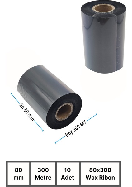 80x300mm Wax Ribon | 10 Rulo | 300 Mt | Dayanıklı | Tekstil, Yıkama, Etiketleme | Termal Transfer