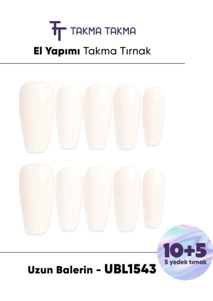 15'li Krem Uzun Balerin UBL1543 Tekrar Kullanılabilir El Yapımı Protez Takma Tırnak - Krem-XS