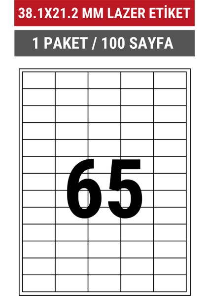 38.1x21.2mm Lazer Etiket | 1 Paket | 100 Sayfa | No: 65 | Ofis, Ambalaj, Etiketleme | Yapışkanlı indirimleri