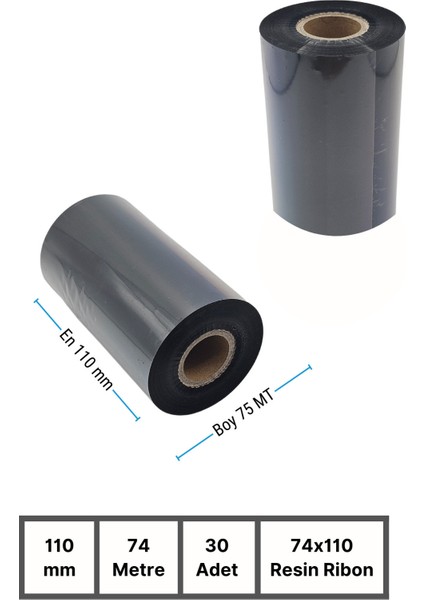 110x74mm Resin Ribon | 30 Rulo | 74 Mt | Dayanıklı | Tekstil, Yıkama | Termal Transfer