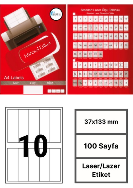 37x133mm Lazer Etiket | 1 Paket | 100 Sayfa | No: 10 | Ofis, Ambalaj, Etiketleme | Yapışkanlı