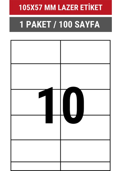 105x57mm Lazer Etiket | 1 Paket | 100 Sayfa | No: 10 | Ofis, Ambalaj, Etiketleme | Yapışkanlı indirimleri