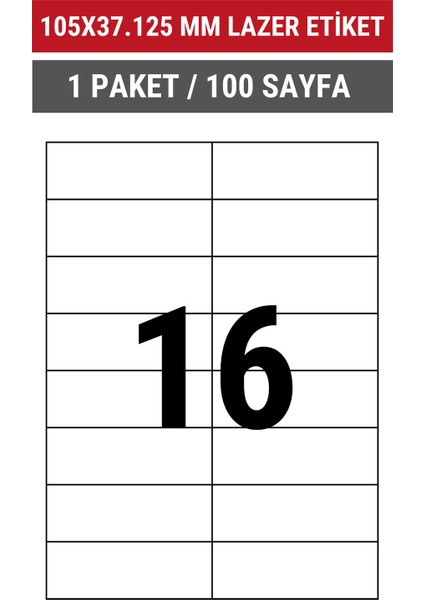 105x37.125mm Lazer Etiket | 1 Paket | 100 Sayfa | No: 16 | Ofis, Ambalaj, Etiketleme | Yapışkanlı indirimleri