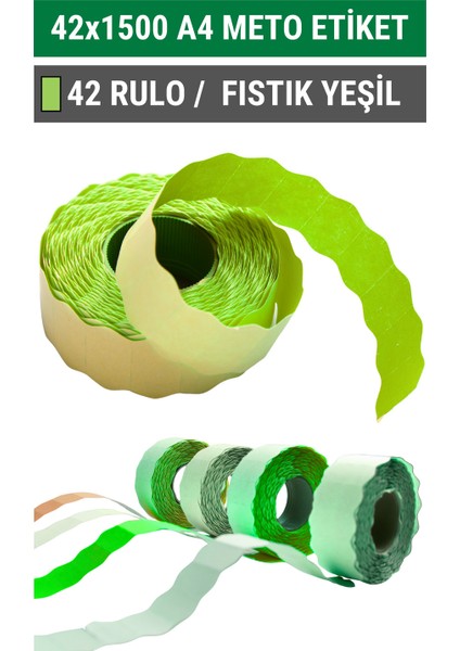 | Meto Etiket | Fıstık Yeşili | 42 Rulo | 42X1500 | A4 | Ürün Etiketi | Tabanca Etiketi