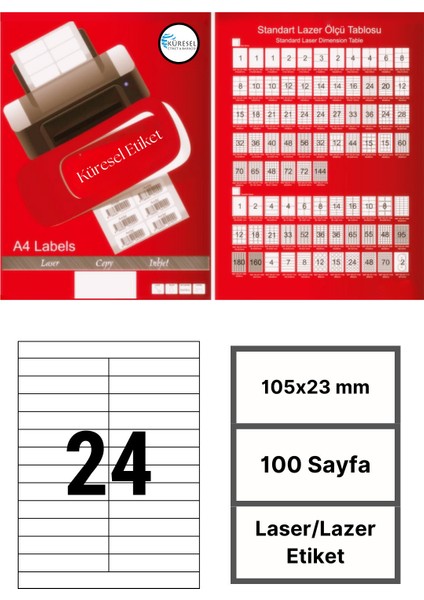 105x23mm Lazer Etiket | 1 Paket | 100 Sayfa | No: 24 | Ofis, Ambalaj, Etiketleme | Yapışkanlı