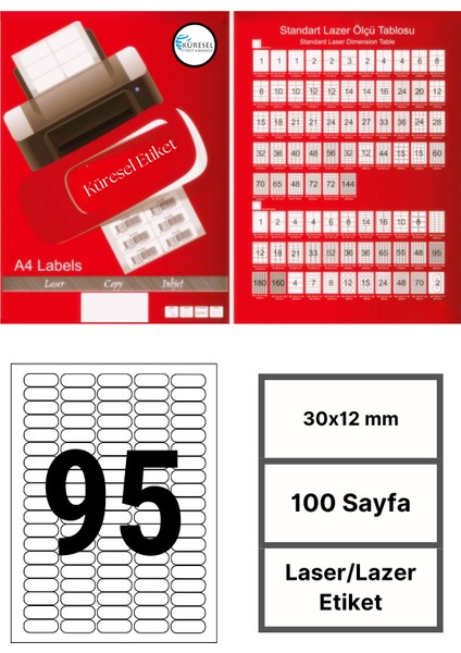 30x12mm Lazer Etiket | 1 Paket | 100 Sayfa | No: 95 | Ofis, Ambalaj | Yuvarlak | Yapışkanlı