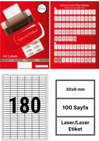 30x9mm Lazer Etiket | 1 Paket | 100 Sayfa | No: 180 | Ofis, Ambalaj, Etiketleme | Yapışkanlı