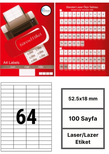 52.5x18mm Lazer Etiket | 1 Paket | 100 Sayfa | No: 64 | Ofis, Ambalaj, Etiketleme | Yapışkanlı