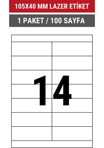 105x40mm Lazer Etiket | 1 Paket | 100 Sayfa | No: 14 | Ofis, Ambalaj, Etiketleme | Yapışkanlı indirimleri
