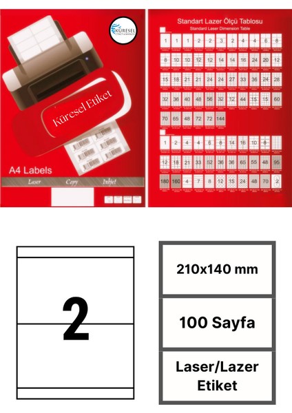 210x140mm Lazer Etiket | 1 Paket | 100 Sayfa | No: 2 | Ofis, Ambalaj, Etiketleme | Yapışkanlı