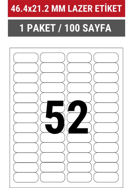 46.4x21.2mm Lazer Etiket | 1 Paket | 100 Sayfa | No: 52 | Ofis, Ambalaj, Etiketleme | Yapışkanlı indirimleri