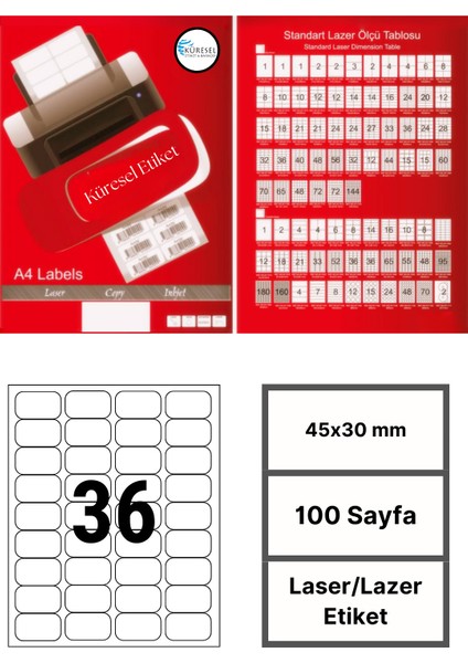 45x30mm Lazer Etiket | 1 Paket | 100 Sayfa | No: 36 | Ofis | Aralıklı | Yuvarlak | Yapışkanlı