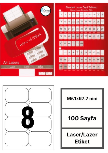 99.1x67.7mm Lazer Etiket | 1 Paket | 100 Sayfa | No: 8 | Ofis, Ambalaj | Yuvarlak | Yapışkanlı