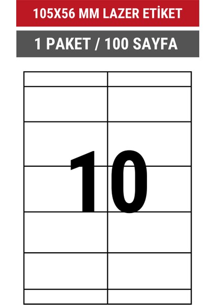 105x56mm Lazer Etiket | 1 Paket | 100 Sayfa | No: 10 | Ofis, Ambalaj, Etiketleme | Yapışkanlı indirimleri