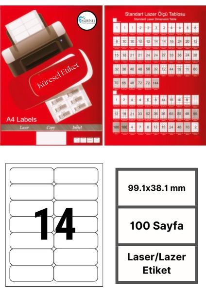 99.1x38.1mm Lazer Etiket | 1 Paket | 100 Sayfa | No: 14 | Ofis, Ambalaj | Yuvarlak | Yapışkanlı
