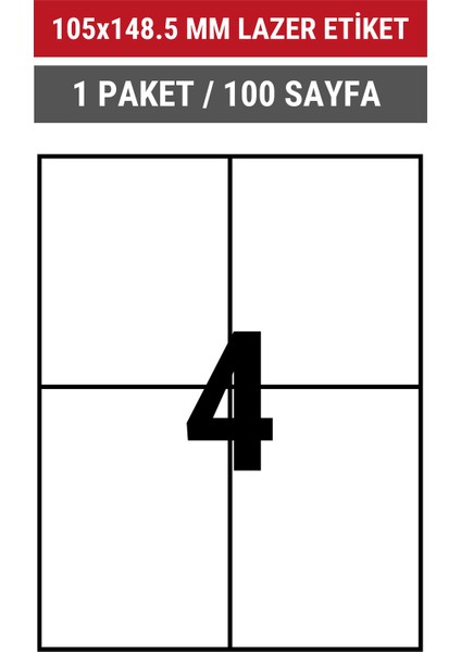 105x148.5mm Lazer Etiket | 1 Paket | 100 Sayfa | No: 4 | Ofis, Ambalaj, Etiketleme | Yapışkanlı indirimleri