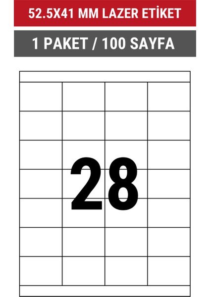 52.5x41mm Lazer Etiket | 1 Paket | 100 Sayfa | No: 28 | Ofis, Ambalaj, Etiketleme | Yapışkanlı indirimleri