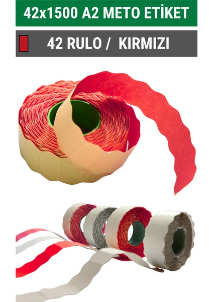 | Meto Etiket | Kırmızı | 42 Rulo | 42X1500 | A2 | Ürün Etiketi | Tabanca Etiketi