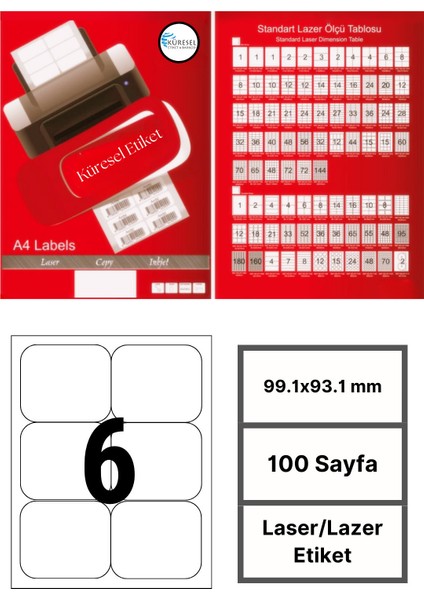 99.1x93.1mm Lazer Etiket | 1 Paket | 100 Sayfa | No: 6 | Ofis, Ambalaj | Yuvarlak | Yapışkanlı