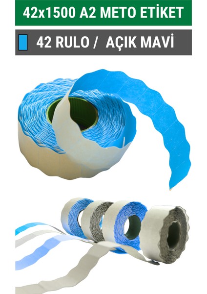 | Meto Etiket | Açık Mavi | 42 Rulo | 42X1500 | A2 | Ürün Etiketi | Tabanca Etiketi