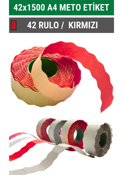 | Meto Etiket | Kırmızı | 42 Rulo | 42X1500 | A4 | Ürün Etiketi | Tabanca Etiketi
