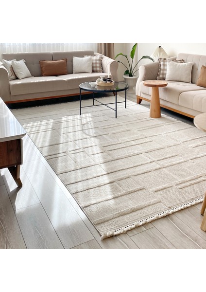 Jerry 03 Beyaz Bukle Örgülü Salon Halısı Yumuşak Dokulu Antre Hol Halısı Kesme Halı Yolluk