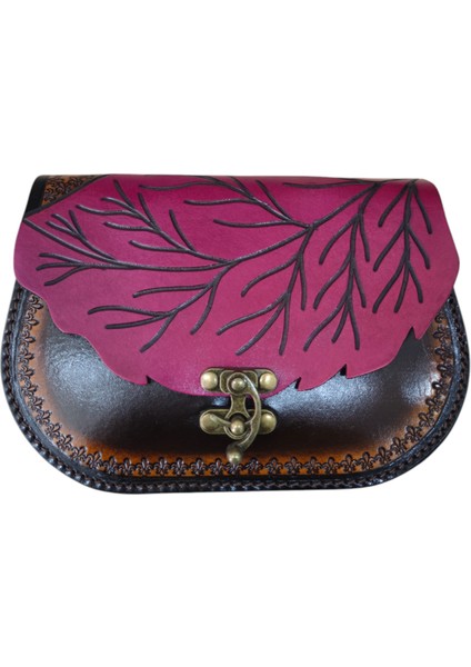 El Yapımı Hakiki Deri Yaprak Kapaklı Kadın Çapraz Çanta | El Kabartma Doğa Temalı Bohem Omuz Çantası | 4 Farklı Renk Seçeneği