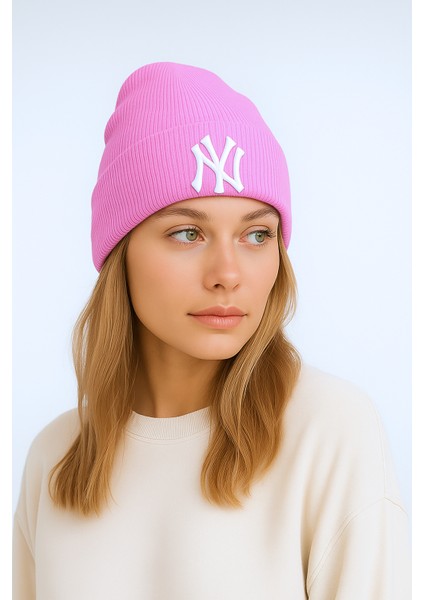 Ny New York Nakışlı Yumuşak Dokulu Unisex Kışlık Şapka Akrilik Pembe Renk Triko Bere
