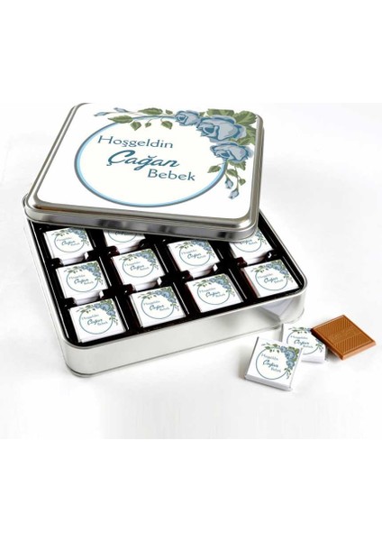 İsimli Erkek Bebek 48 Adet Madlen Çikolata Metal Kutu