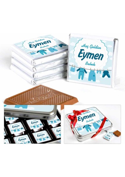 İsimli Erkek Bebek 48 Adet Madlen Çikolata Metal Kutu