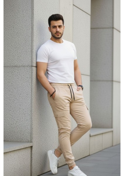 Erkek Slim Fit Beli ve Paçası Lastikli Kargo Cep Pantolon