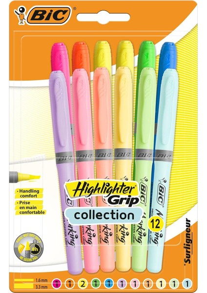 Vurgulayıcı Tutacağı, Ekstra Konfor Için Fitilli Kauçuk Tutucu, Su Bazlı Mürekkep, Çeşitli Yoğun ve Pastel Renkler, 12'li Paket