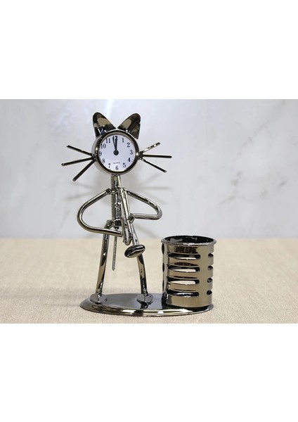 Buğz Metal Saksafon Çalan Kedi Müzisyen Saat ve Kalemlik ALK4346