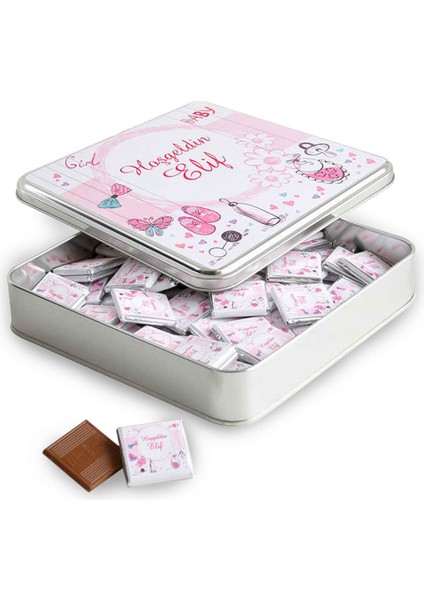 Etiket Baskılı Metal Kutuda 70 Adet Kız Bebek Çikolatası