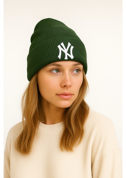 Ny New York Nakışlı Yumuşak Dokulu Unisex Kışlık Şapka Akrilik Haki Renk Triko Bere