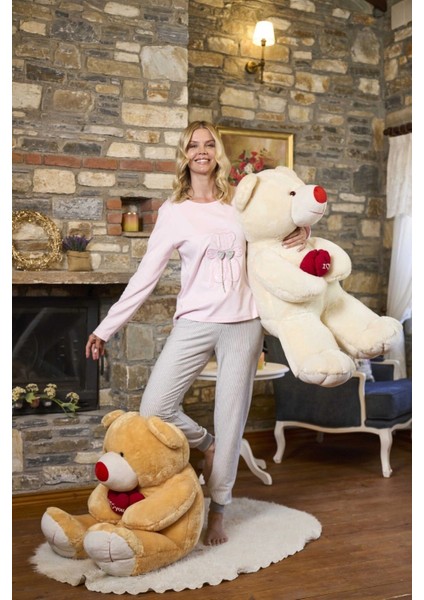 Aqua 26228 Kadın Uzun Kol Ayıcık Detaylı Pijama Takım