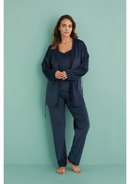 Mihra 13402 Kadın Kadife 3'lü Pijama Takımı