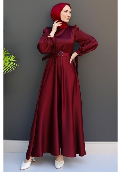 Saten Kemerli Elbise Koyu Bordo